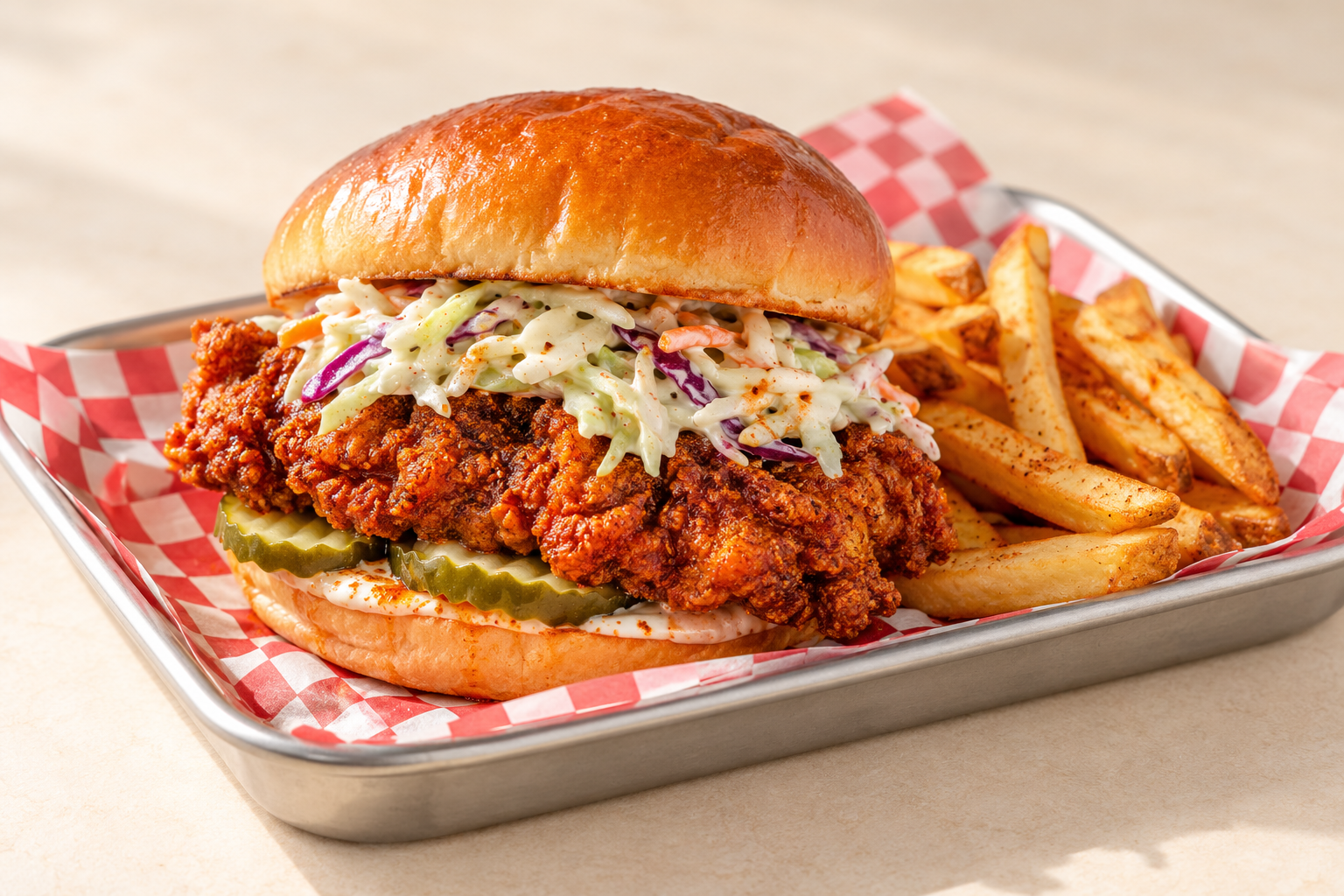 Illustrative hot chicken sandwich with crispy chicken, slaw, pickles, and golden fries